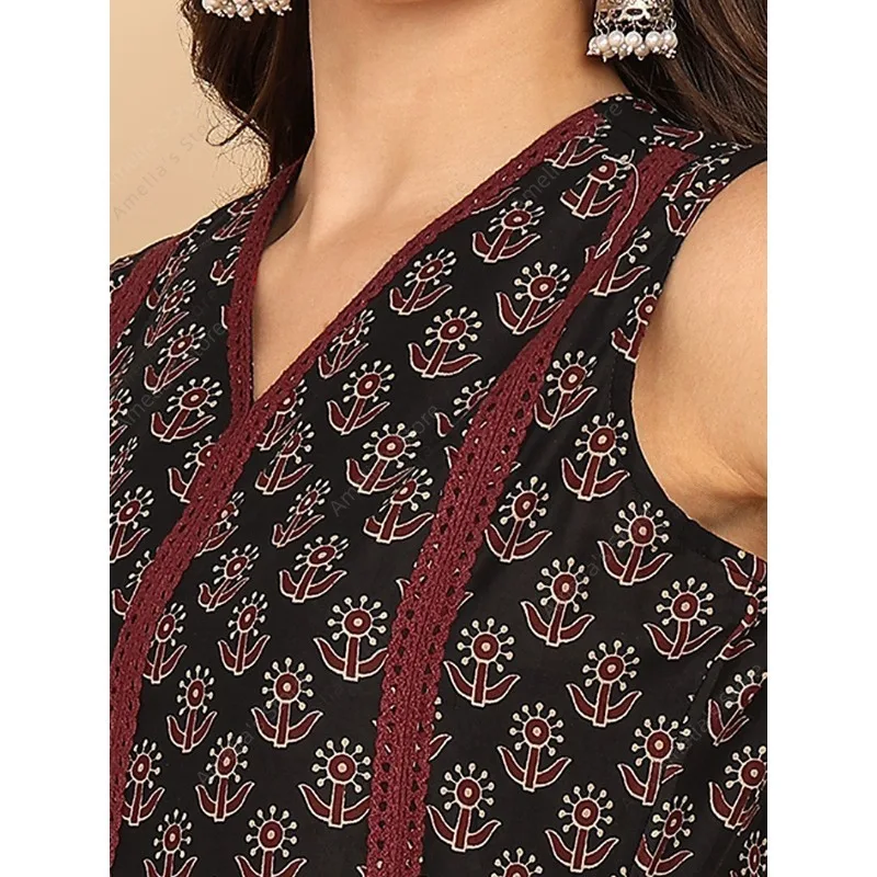 فستان كورتا نسائي من القطن باللون الأسود والأخضر على الطراز الهندي العرقي بدون أكمام مطبوع عليه بيزلي ملابس صيفية غير رسمية فستان كورتي