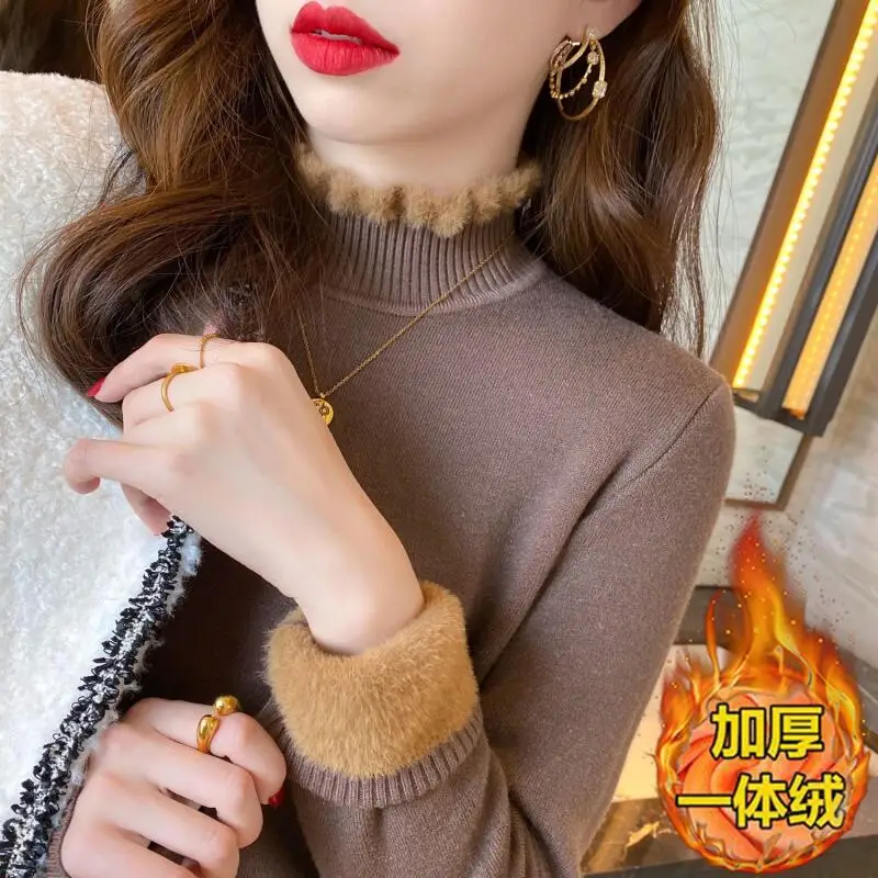 

Sweater Knitwear Women's High Quality One Piece Fleece Sweater Women Winter Fleece Lined Thick New Semi High Neck Warm Versatile