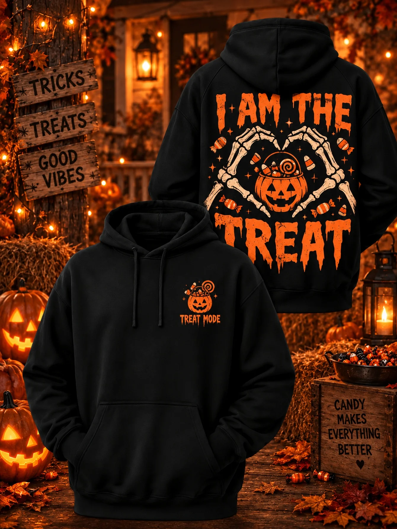 I Am The Treat Skeleton Heart Hands Hoodie Unisex Halloween Pumpkin Candy Graphic Pullover Hooded Sweatshirt for Men Women