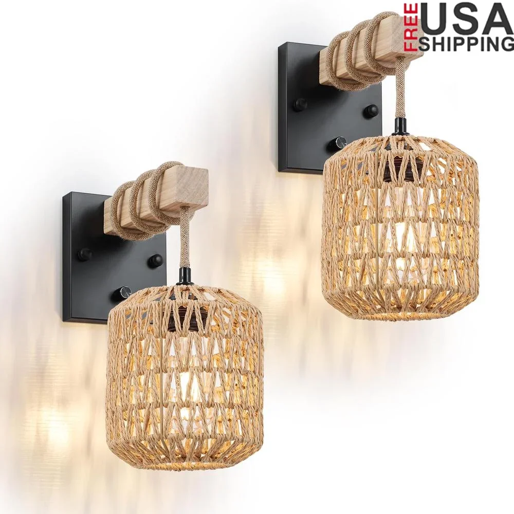 

Hand-Woven Rattan Wall Sconces Set of 2 Dimmable Farmhouse Lamps with Wooden Arm Hardwired Lighting Living Room Bedroom Nursery