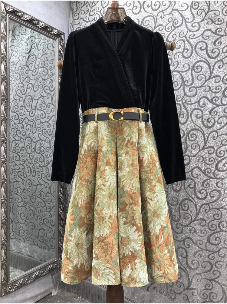 New 2023 Autumn Winter Runway Style Dress High Quality Ladies Velvet Vintage Jacquard Prints Belt Deco Long Sleeve Dress XL