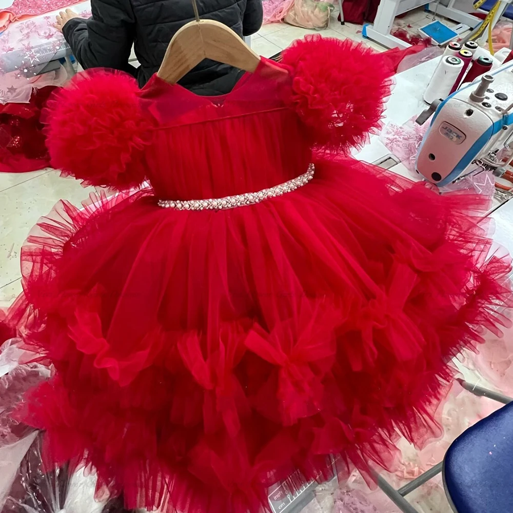 

Childen's Flower Girl Dresses Glitter Beads Feather Bow Evening Party Fluffy Skirt Ball Gown Communion Kid Toddler Tutu