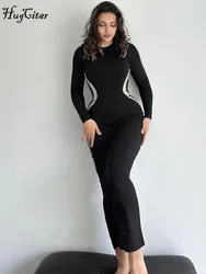 Hugcitar Color Block O dekolt z długim rękawem Sexy Bodycon Slim Maxi sukienka na studniówkę 2023 jesienne damskie eleganckie imprezowy Streetwear ubrania Y2K