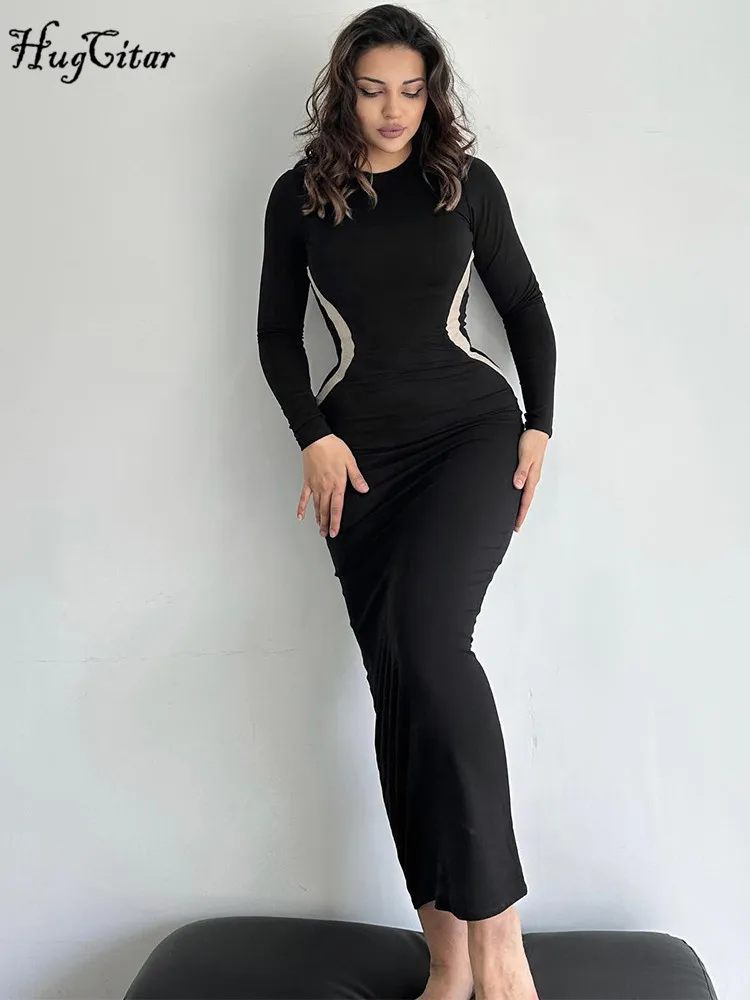 Hugcitar Sukienka Maxi na Studniówkę 2025 Jesień Kobiety Elegancka Impreza Streetwear Ubrania Y2K Kolorowy Blok Dekolt Okrągły Długi Rękaw Sexy Obcisła Wyszczuplająca