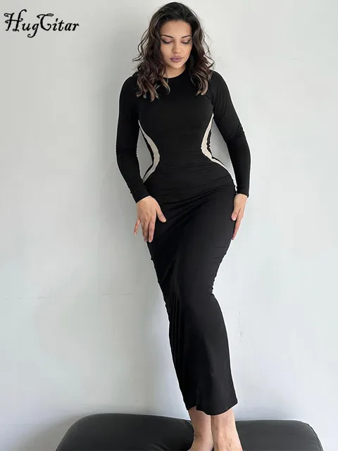 Hugcitar Sukienka Maxi na Studniówkę 2025 Jesień Kobiety Elegancka Impreza Streetwear Ubrania Y2K Kolorowy Blok Dekolt Okrągły Długi Rękaw Sexy Obcisła Wyszczuplająca
