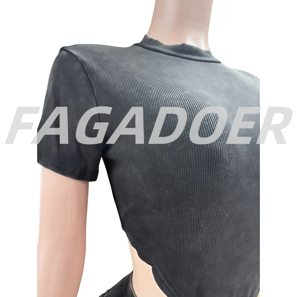 FAGADOER Quality Rib 2 Piece Outfits Women Stretchy Skinny Bodysuit Top Pockets Shorts Suits Casual Matching Sets 2024 Trendy