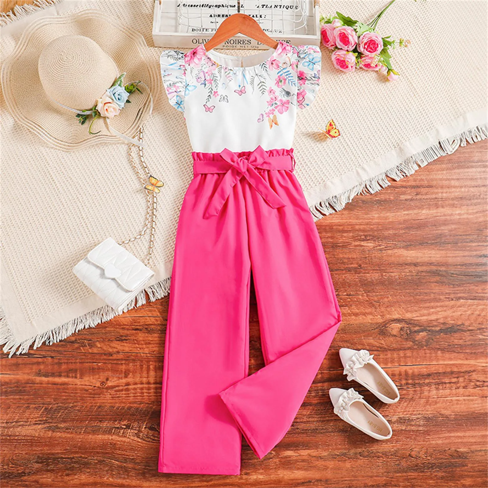 Kids Casual Clothing Sets Outfits for Kids Girls Summer Fashion Children Rose Floral Print White T-shirts Tops Long Pants 7-14Y