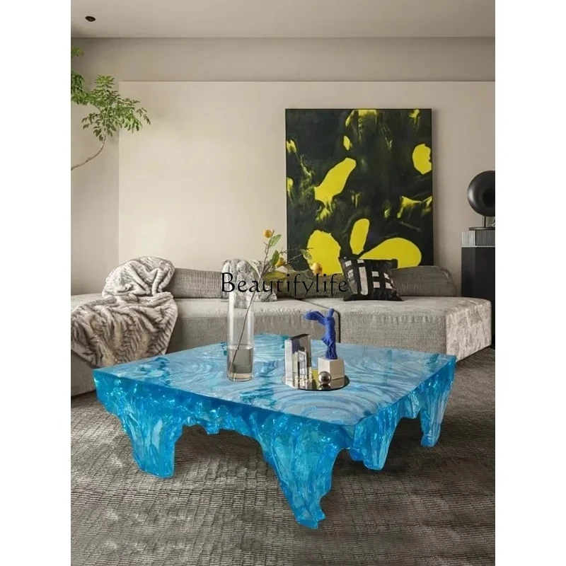 

Epoxy blue living room art high-end transparent round table
