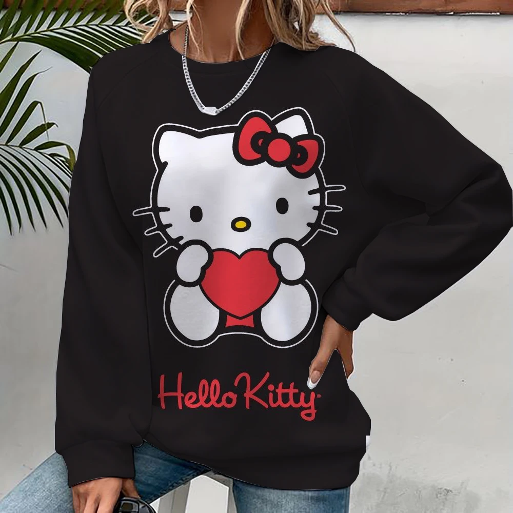 Hello Kitty Cartoon Anime Women's Pullover Spring and Autumn Men's Round Neck Hoodie Clothes New Fashion Couple Sweater Top