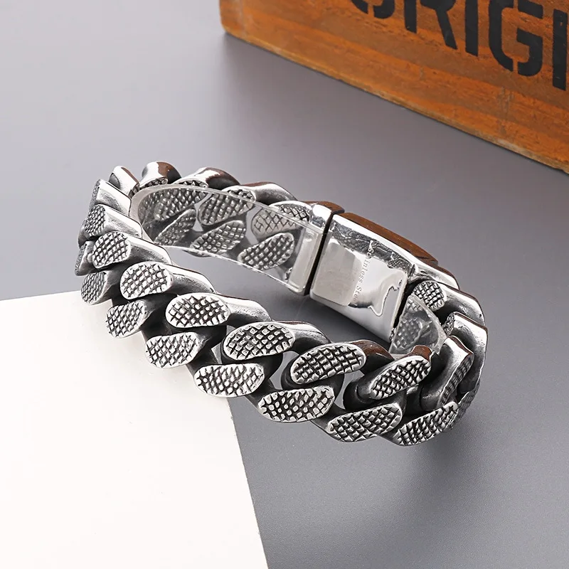 17MM Heavy Punk Curb Cuban Chain Bracelet Men Women Hiphop Rock Retro Black Stainless Steel Fashion Bike Biker Bangle Jewelry