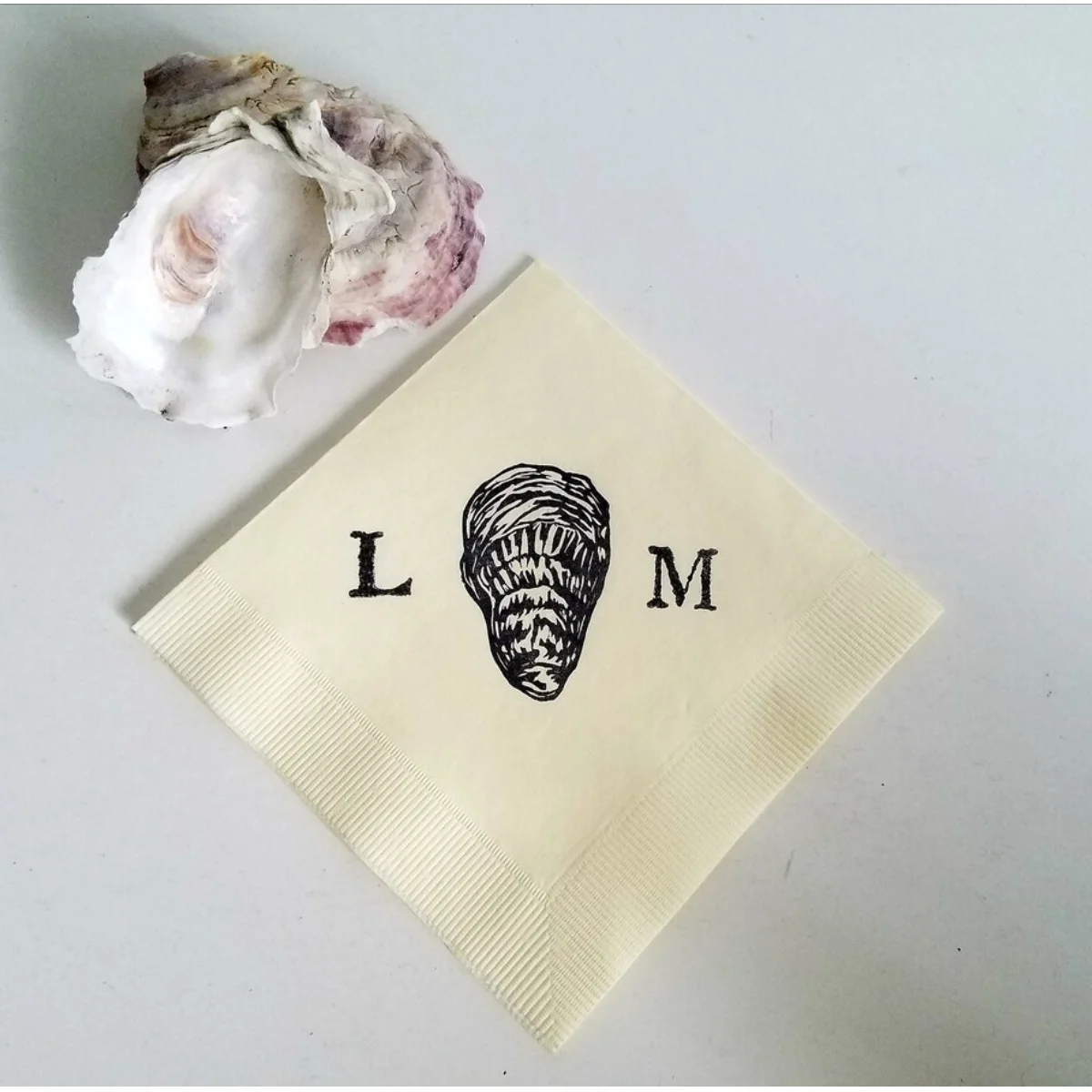 Oyster Shell Personalized Nautical Beach Marsh Wedding Beverage Napkins in Ivory Paper Cocktail Napkins with Couples Initials- S