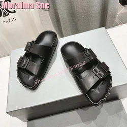 Fashion Unique Toes Shape Slippers Belt Buckle Hollow Women‘s Slides Summer Beach Casual Outdoor 2024 New Leather Black Solid