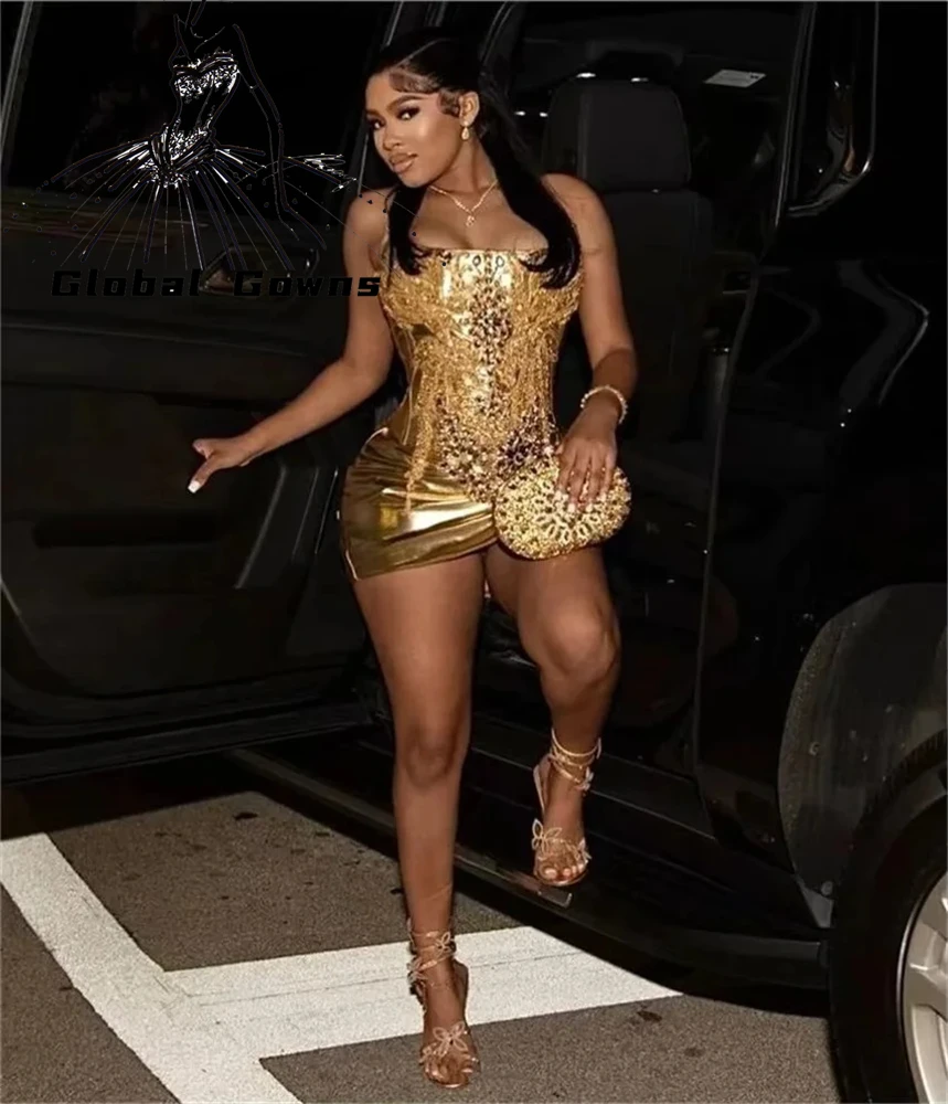 Gold Rhinestone Short Prom Dresses 2024 Black Girls Sparkly Bead Crystal Birthday Cocktail Party Homecoming Customized