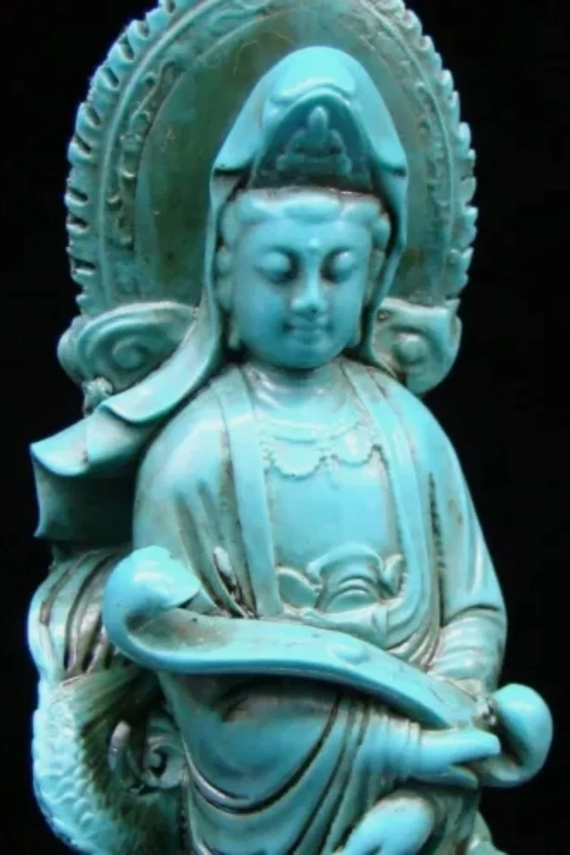 Chinese Turquoise Handmade Carved Statue Kwan-yin Dragon RuYi Exquisite