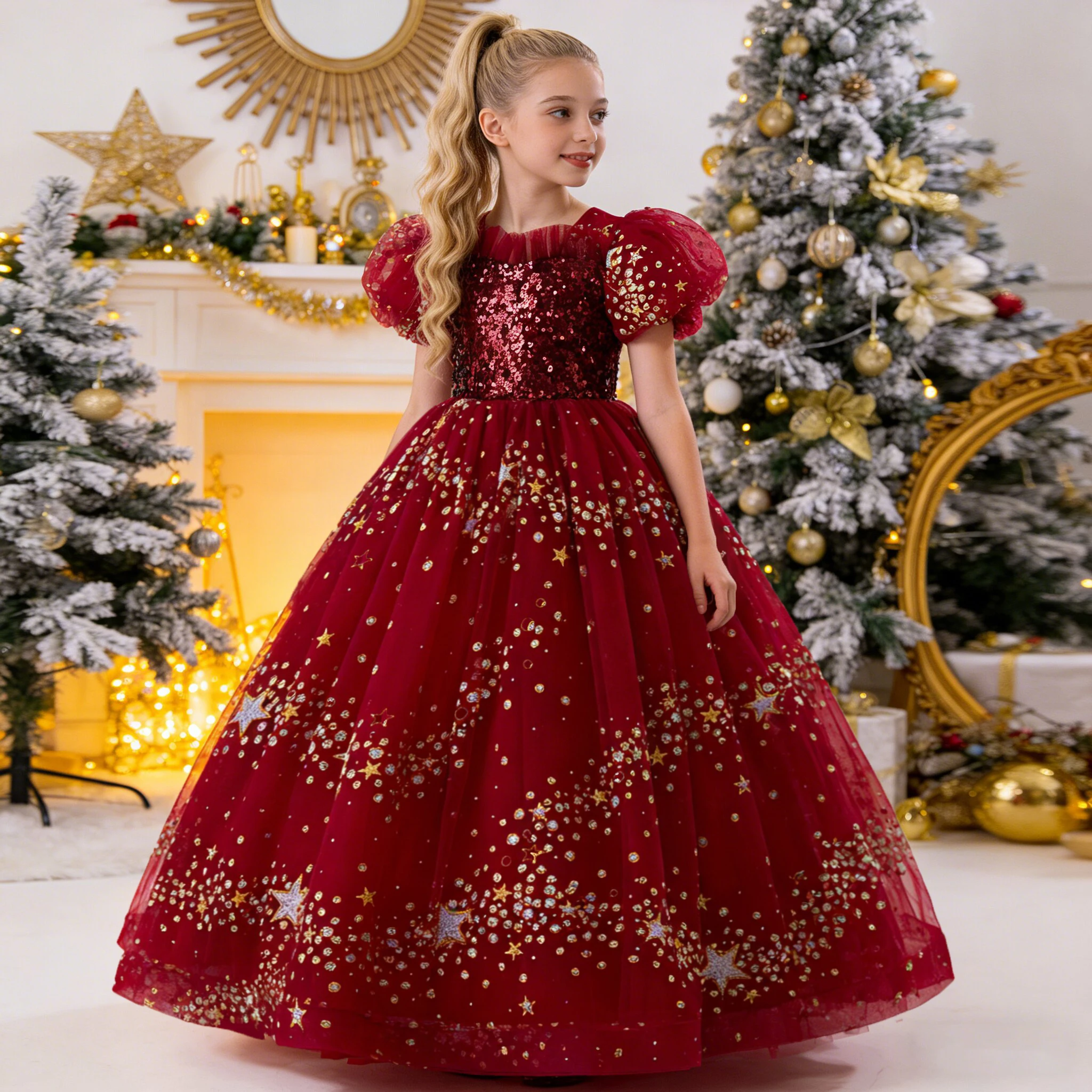 Elegant Sequins Party Girls Dress Christmas Costume Fashion Wedding Bridesmaids Birthday Prom Dresses Girl Birthday Evening Gown