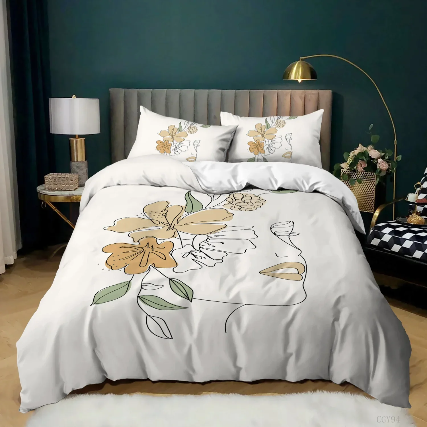

Polyester Abstract Style Comforter Cover Simple Strokes Duvet Cover Set Queen Size Portrait Pattern Woman With Roses Bedding Set