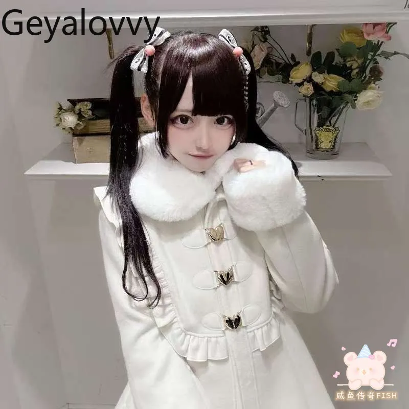 

Autumn Winter New Mass-Produced Lolita Versatile Plush Warm Lace Coat Japanese Sweet Style Girls Turn-Down Collar Short Jacket