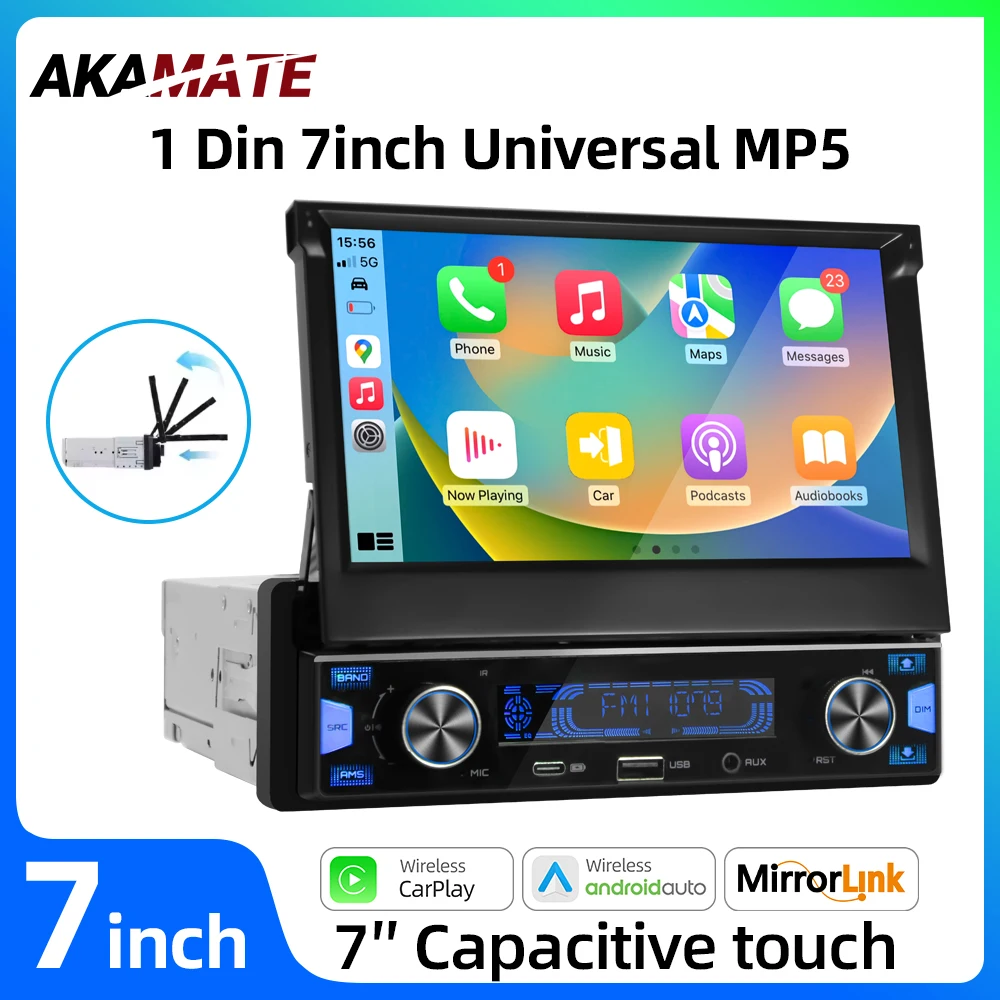 

7-дюймовый емкостный сенсорный экран MP5 Автомобильный радиоприемник Беспроводной CarPlay Android Auto GPS-навигация Универсальный мультимедийный плеер с одним дин-принтом