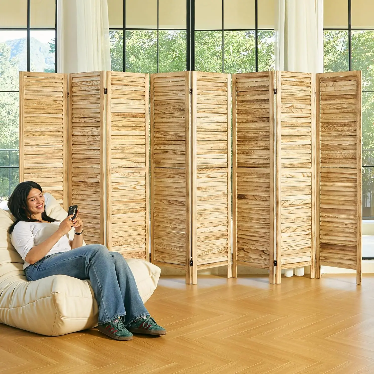 Wood Louvered Room Divider Folding Privacy Screen 8 Panels for Home Office Bedroom, Customized