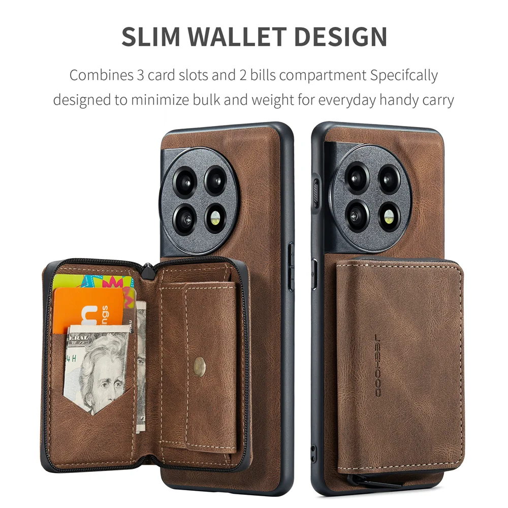JEEHOOD Luxury Detachable Zipper Purse Wallet Case for OnePlus 11 Nord 2 N200 OnePlus 9 Pro Magnetic Leather Case Phone Bag