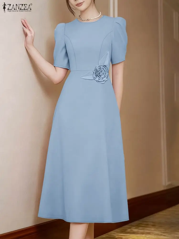 ZANZEA Elegantes, schickes Stoff-Blumen-Midikleid für Damen, 2023, modisch, O-Ausschnitt, kurze Puffärmel, taillierte Taille, A-Linien-Kleid, S-3XL