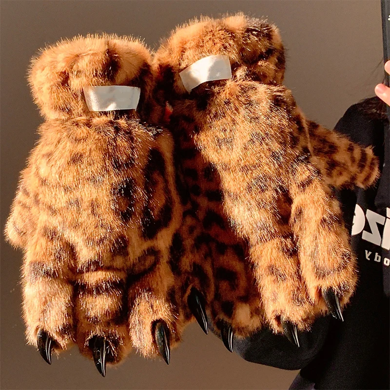 

﻿1pair Leopard Paw Plush Five Finger Gloves New Halloween Animal Cosplay Props Furry Masquerade Full Finger Mittens
