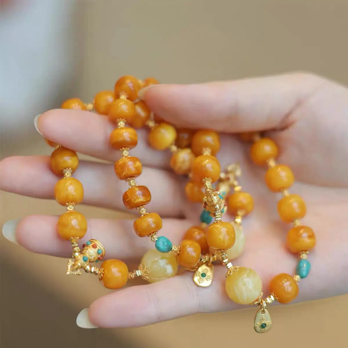 Natural Antique Bead Beeswax Bracelet Sterling Silver Accessories New Chinese Low-key Luxury Antique Hand Accessories