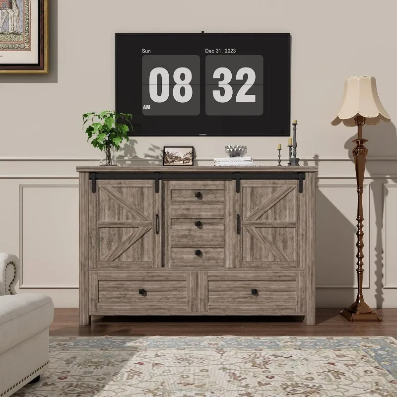 48" Farmhouse w/5 Drawer & 2 Sliding Barn Door, Dressers&Chests of Drawers, 5 Drawer Dresser TV Stand for Bedroom, Living Room
