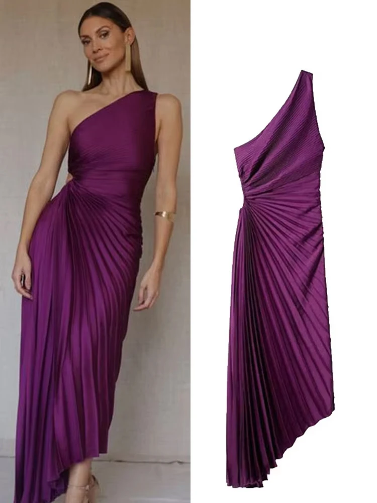 

HH Women Summer Fashion Dress Sexy Waist Hollow Out Backless Sleeveless Dress Woman Elegant One Shoulder Ruffled Long Dress