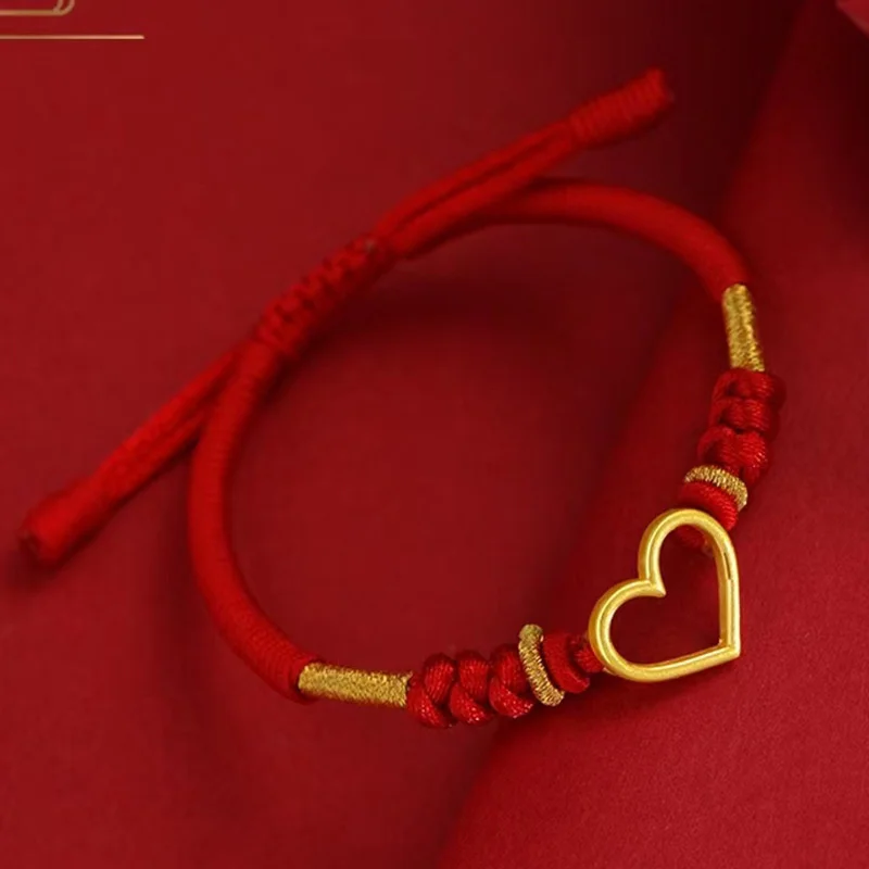 

AU999 24K Gold Heart Bracelet for Women, Handmade Braided Red Rope, Couple Jewelry for Men Women, Luxury Gift
