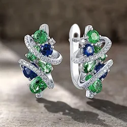Fashion Female Earrings 925 Sterling Silver Green/Blue Geometric Lines Zircon Earrings for Women Bridal Wedding Trendy Jewelry
