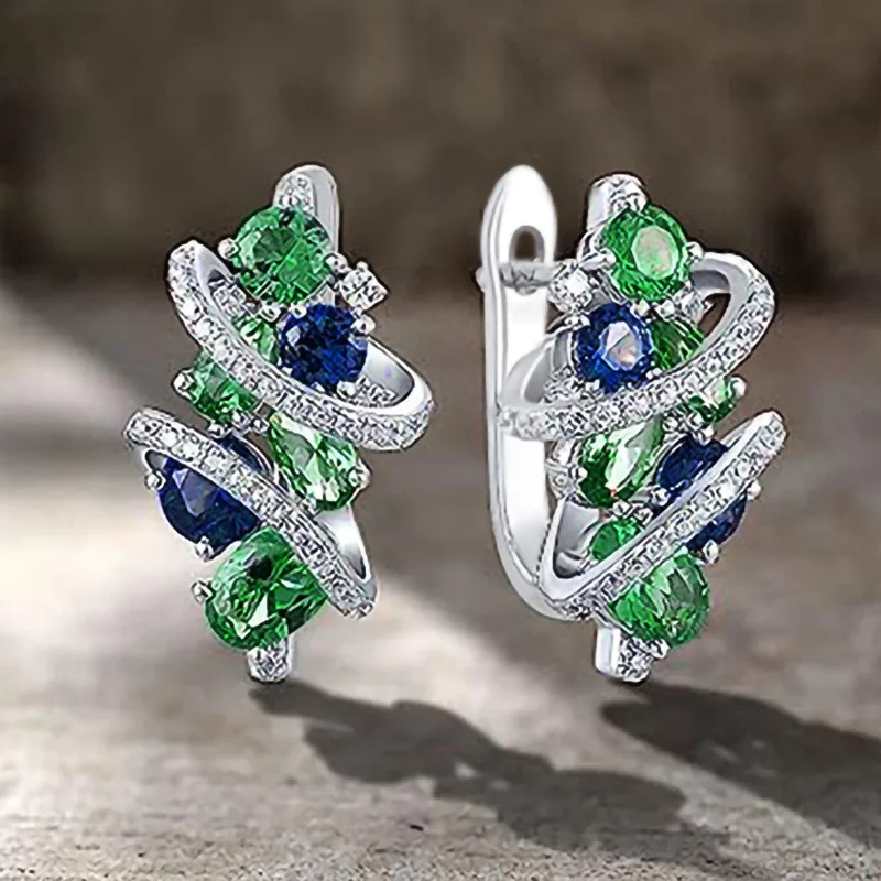 Modne kolczyki damskie 925 Sterling Silver Zielone / niebieskie geometryczne linie Kolczyki z cyrkoniami dla kobiet Ślubna modna biżuteria