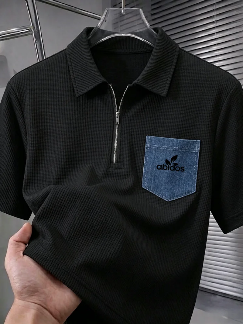 European and American style men's waffle half zip polo shirt denim contrasting pocket short sleeved popular foreign trade item view 4