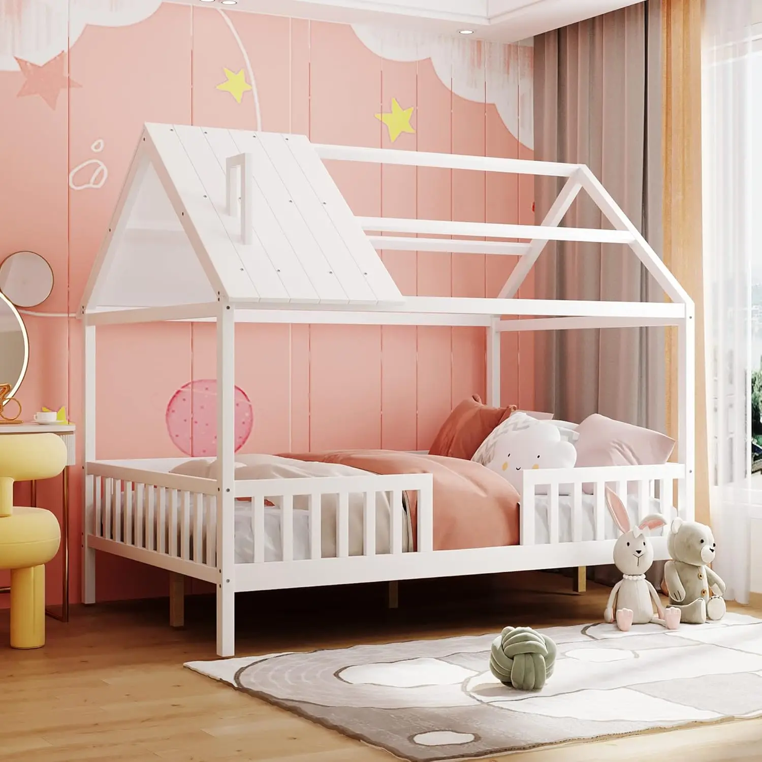 

Merax Full House For Kids,Wood Full Bed Frame House-Shaped Platform Bed Frame With Roof Windows And Full-Length Safety