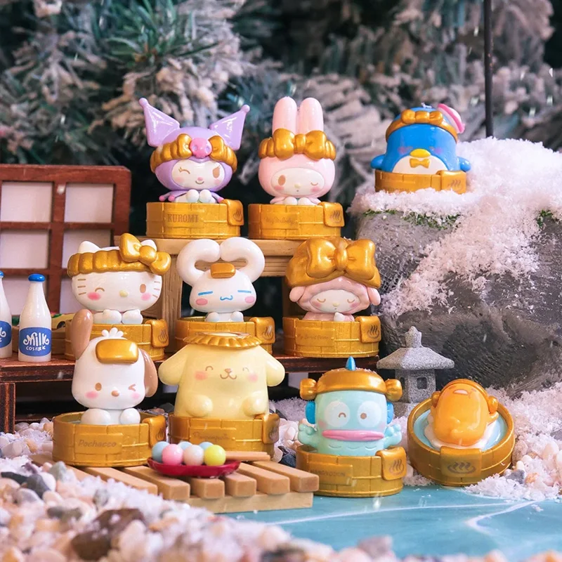 Sanrio Family Blind Box Cinnamoroll Kuromi Hello Kitty Pochacco Pompom Purin Gudetama Hot Spring Series Anime Figurine Toy Dolls