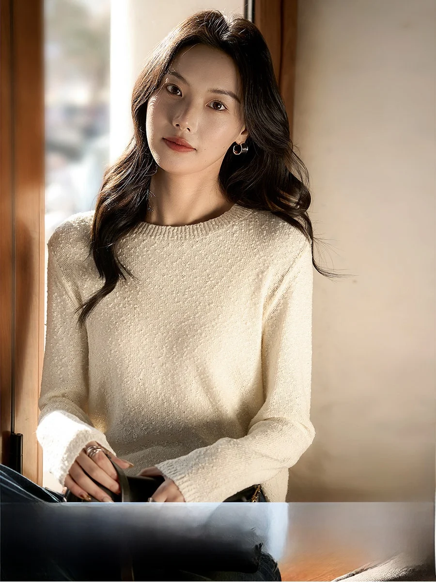 

XiaoHanGe Knitted Sweater Textured Back Hollow out Design Casual Comfortable Midweight Long Sleeve round Neck Spring Fashion