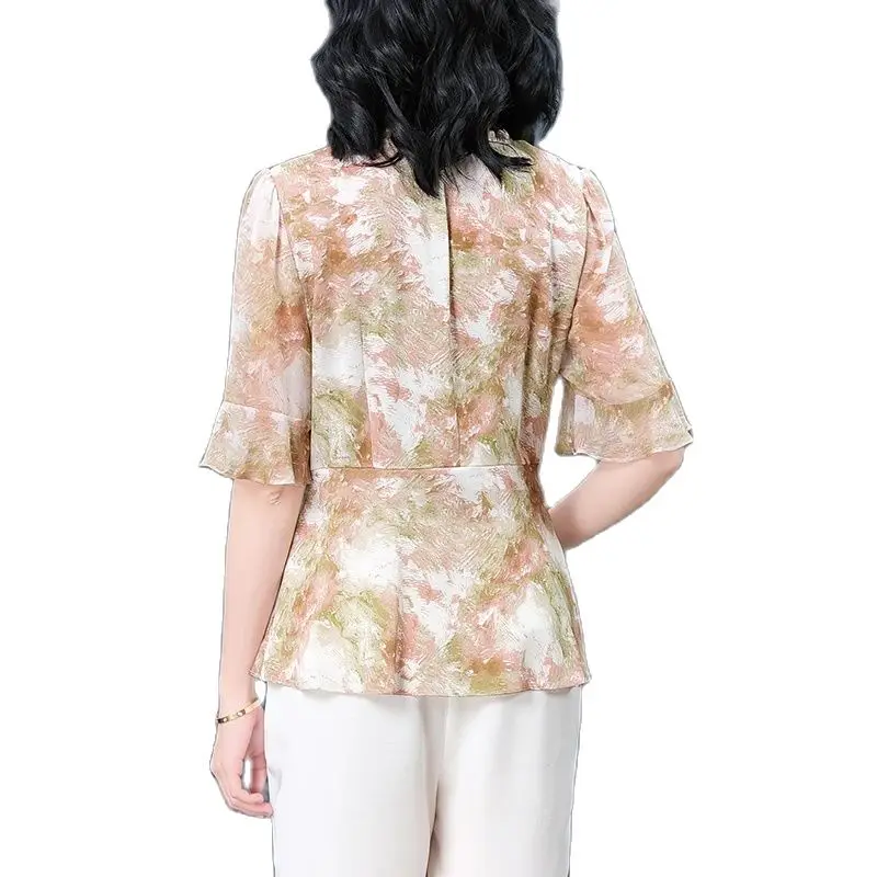 BirdTree, 91% Real Silk OL Shirts, Women Ruffles Short Sleeve, Retro Elegant Loose Mom Blouses, 2024 Summer New Top T44451QM