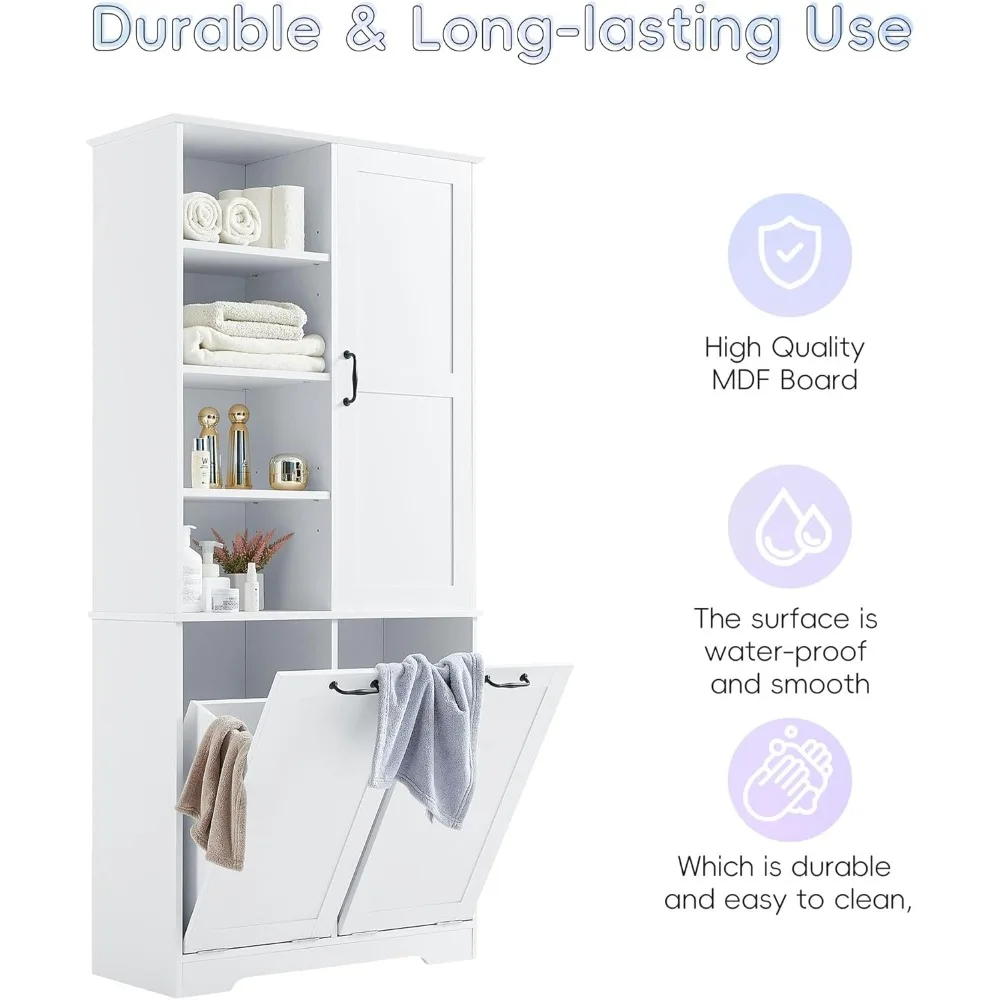 سلة غسيل مزدوجة قابلة للإمالة مقاس 68 بوصة، خزانة سلة غسيل مخفية طويلة مع رف قابل للتعديل، كابينة تخزين للحمام قائمة بذاتها #5