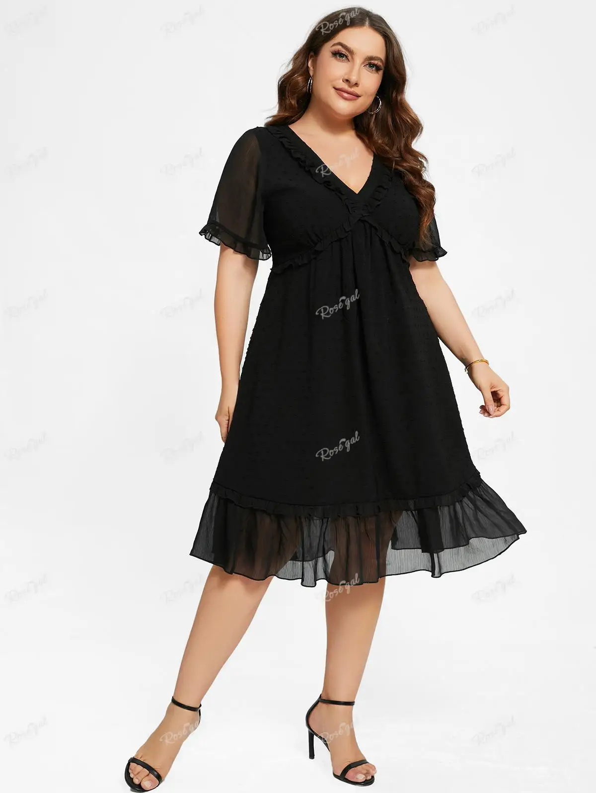 ROSEGAL Plus Size abiti Casual nero elegante scollo a v pizzo Trim Sheer Ruffles Dress per le donne primavera, estate Streetwear Vestidos