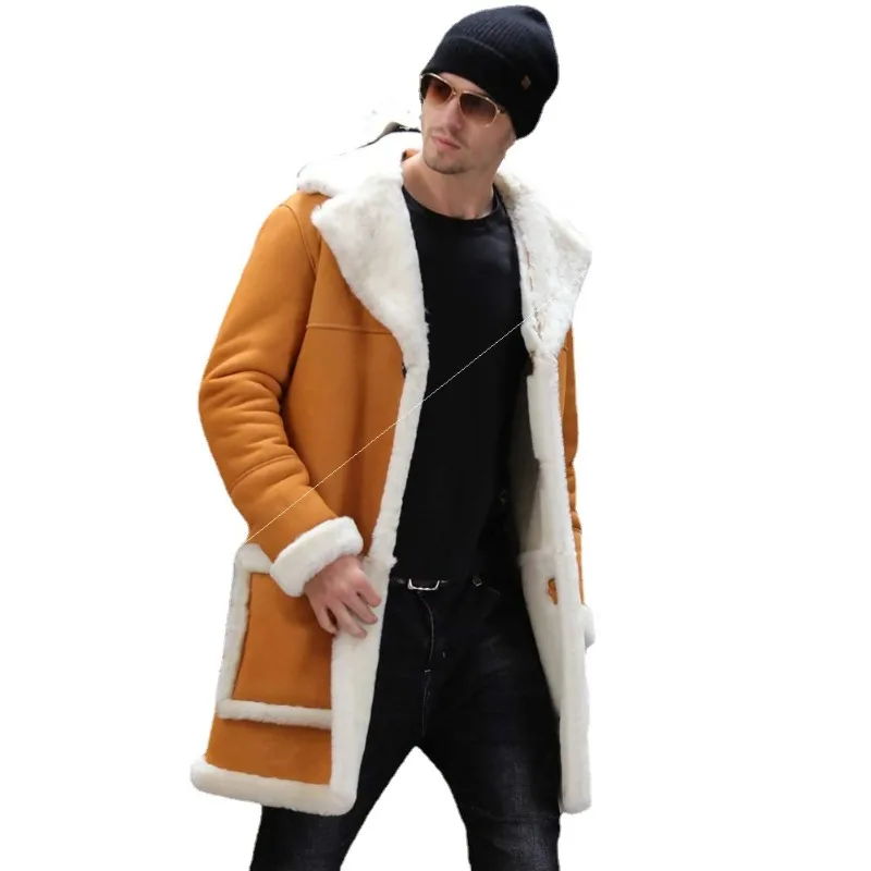 Men Mid-length Jacket Coat Large Lapel Long Sleeve Pockets Plush Lining Thickened Suede Outwear Fur Single-breasted Coat