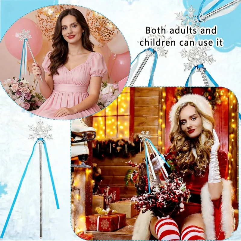 6Pcs Elegant Pink & Blue Snowflake Magic Wands with Blue Ribbons, Sturdy Plastic Winter Princess Wand Toys, Snowflake Shaped Par
