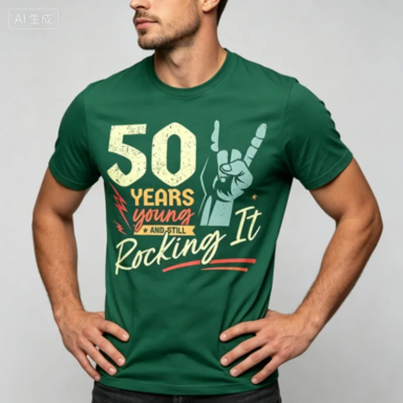 Men Cotton T‑Shirt 50 Years Young Still Rocking It Rock Hand Gesture Graphic Tee 50th Birthday Short Sleeve Crew Neck Tops
