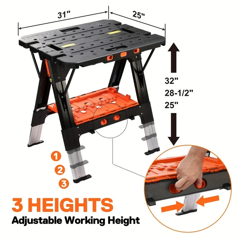 Portable Folding Work Table, 2-in-1 As Sawhorse & Workbench, Load Capacity 1000 Lbs-Sawhorse & 500 Lbs-Workbench