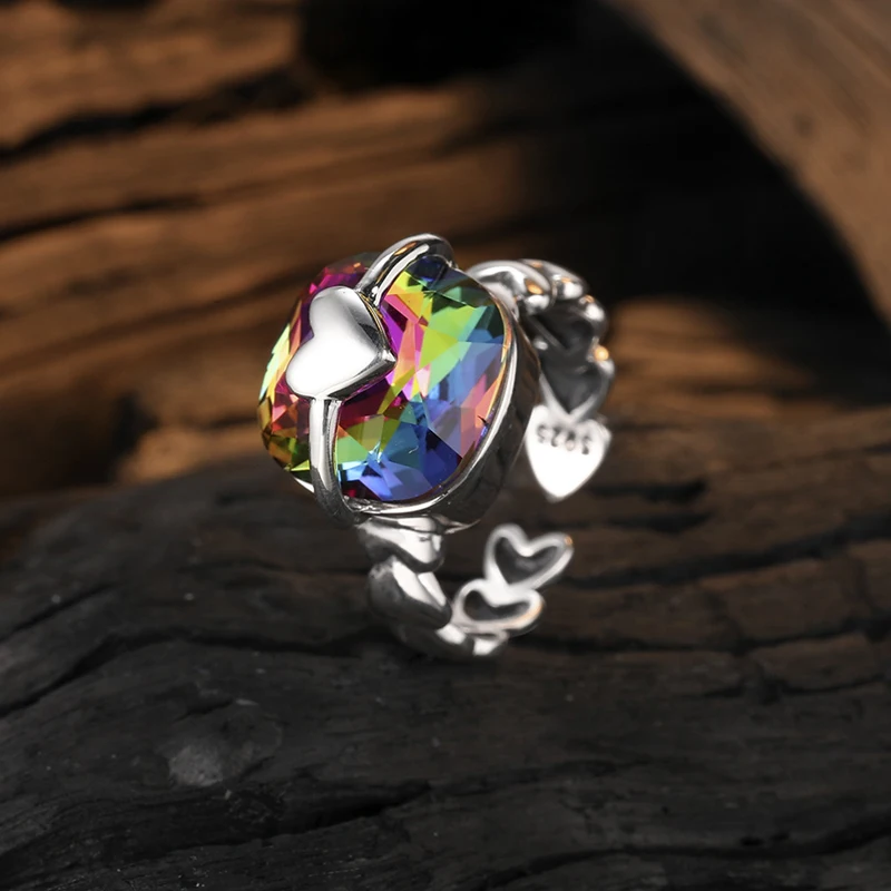 

KOFSAC Shiny Rainbow Crystal Geometric Ring For Girl Vintage Thai Silver 925 Heart Index Finger Jewelry Chic Women Gift