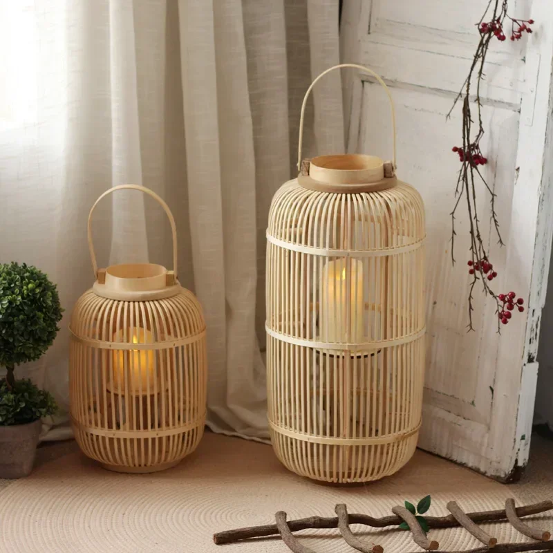 Handmade Bamboo Weaving Candlesticks Chinese Style Landing Candle Holders Tea Room Hotel Decorative Lantern Courtyard Lantern