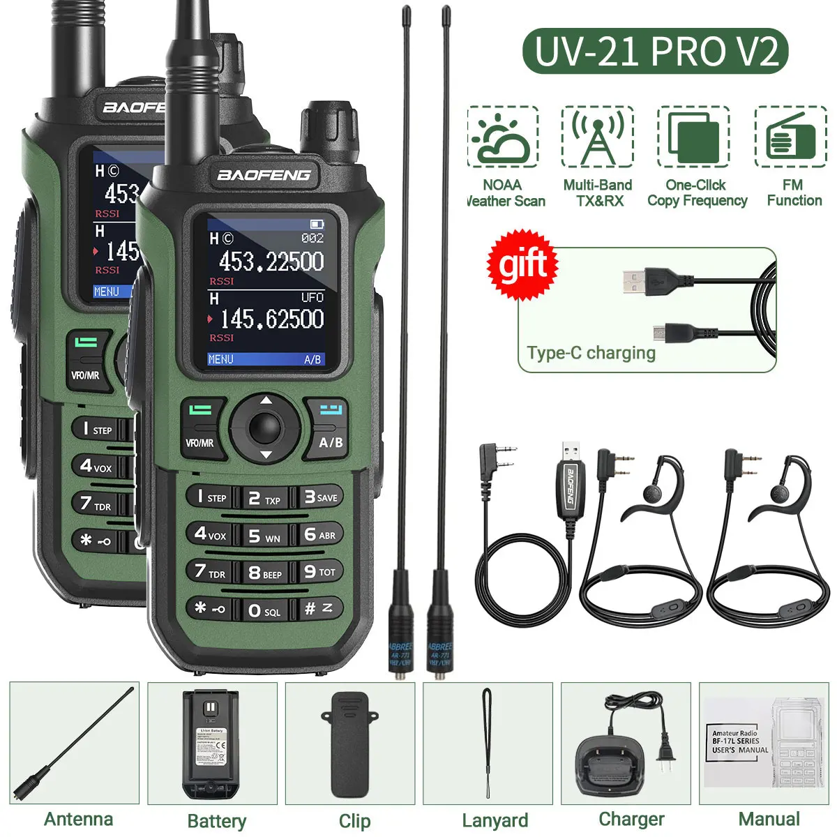 2PCS Baofeng UV-21 Pro Walkie Talkie Multi Band Draadloze Kopieerfrequentie Lange afstand 999CH AM High Power UV 5R K6 5RH Ham Radio
