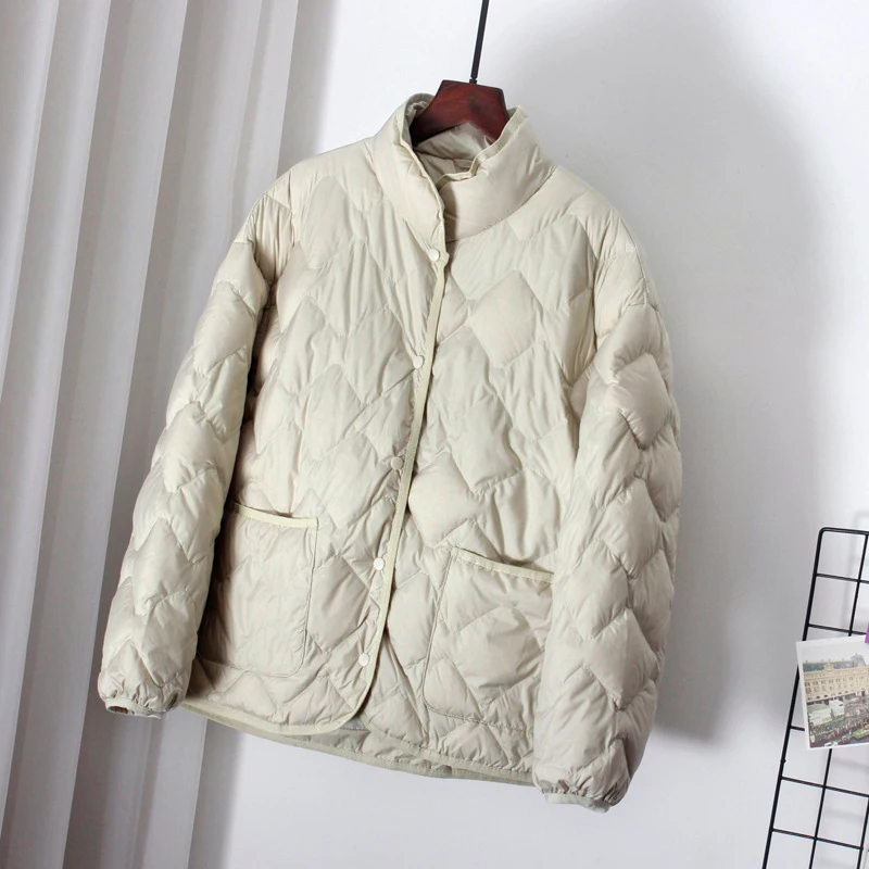 2026 High-Quality Fashion Autumn Winter Outwear Casual Argyle Stand Collar Simple Coat Women Ultralight White Duck Down Jacket