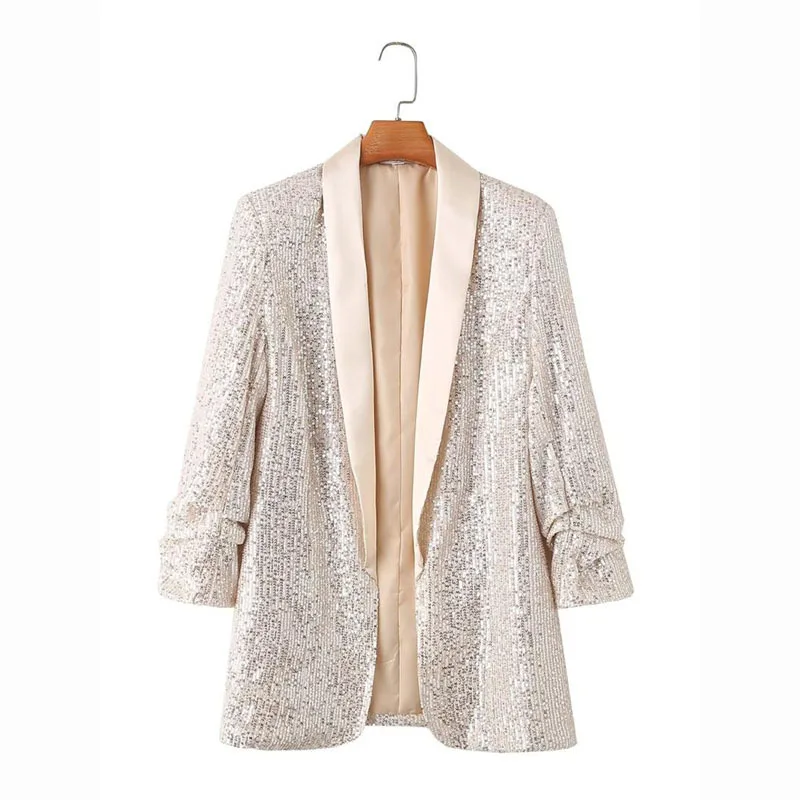 

Fashion Silver Sequins Suit Jacket Women Cardigan Coat Spring Autumn New Shawl Collar Nine Quarter Sleeve Blazers Coats Female