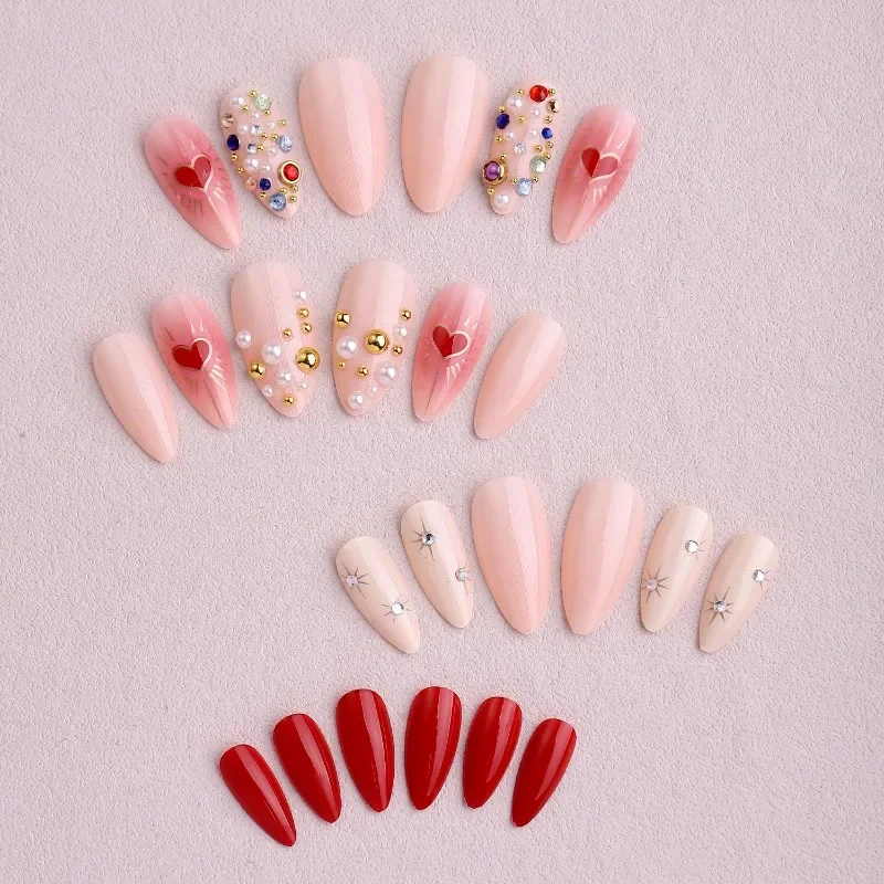 24 Uds. De uñas postizas de almendra roja de San Valentín para mujer, estrella dorada brillante, corazón, diamantes de imitación coloridos, prensa dulce francesa en uñas postizas