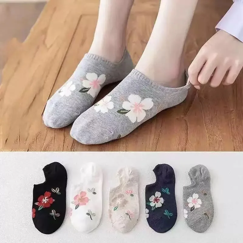 

5pairs Women Socks Spring Summer Cute Kawaii Flower Print Low Cut Ankle Socks Casual Invisible Breathable Short Cotton Socks